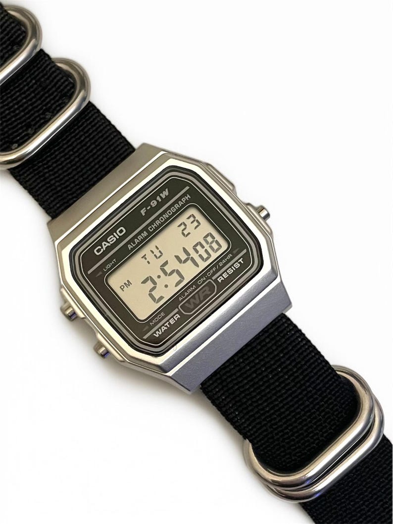 Casio F91W Silver Digital Watch, Black Nylon Strap, Custom Retro Watch image 2