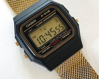 Custom Casio F-91 Black Digital Watch – Gold Metal Band