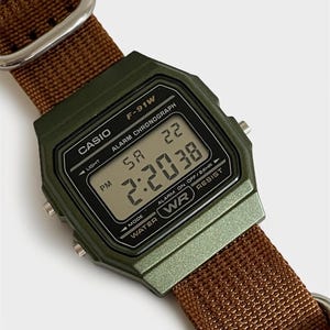 Custom Casio F-91 Green Digital Watch – Brown Nylon Strap