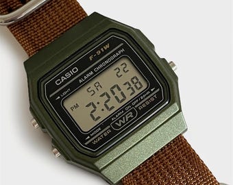 Custom Casio F-91 Green Digital Watch – Brown Nylon Strap