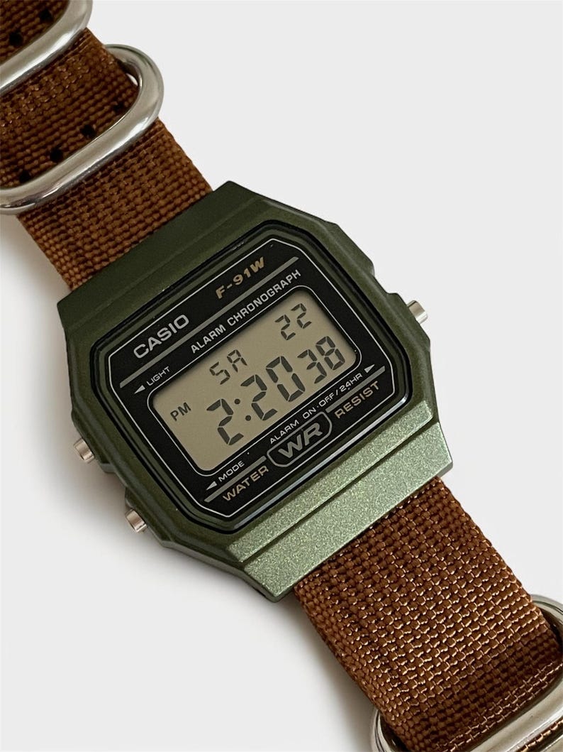 Custom Casio F-91 Green Digital Watch – Brown Nylon Strap image 1