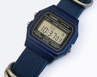 Spezialanfertigung Casio F-91 Blue Digitaluhr – Blaues Nylonarmband