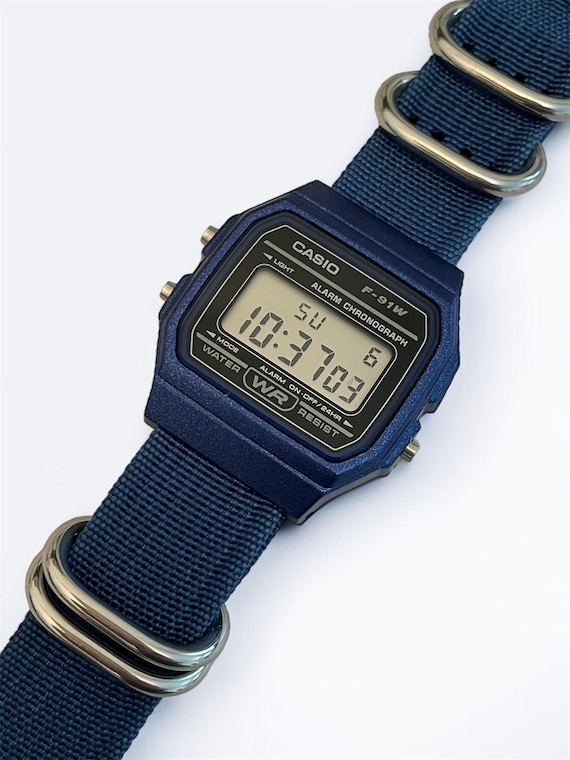 Custom Casio F-91 Blue Digital Watch – Blue Nylon Strap