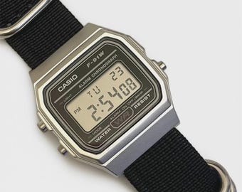Custom Casio F-91W Watch, Silver, Black Nylon NATO Strap