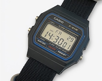 Custom Casio F-91W Black Digital Watch – Black Nylon Strap