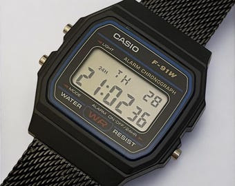 Custom Casio F-91W Black Digital Watch – Black Metal Band