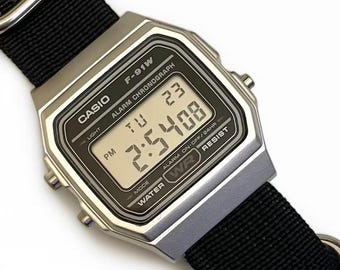 Custom Casio F-91 Silver Digital Watch – Black Nylon Strap