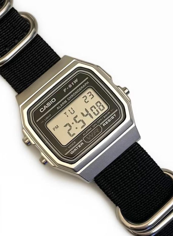 Casio F91W Silver Digital Watch, Black Nylon Strap, Custom Retro Watch