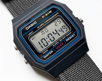 Custom Casio F-91W Black Digital Watch – Grey Nylon Strap