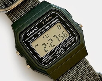 Custom Casio F-91 Green Digital Watch – Army Green Nylon Strap