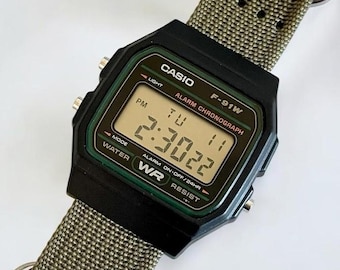 Custom Casio F-91 Black Digital Watch – Army Green Nylon Strap