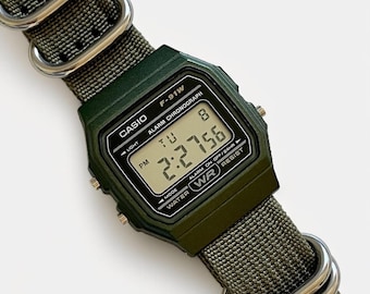 Custom Casio F-91W Watch, Green, Army Green Nylon NATO Strap