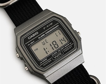 Custom Casio F-91 Dark Silver Digital Watch – Black Nylon Strap