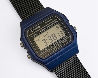 Custom Casio F-91 Blue Digital Watch – Black Metal Band