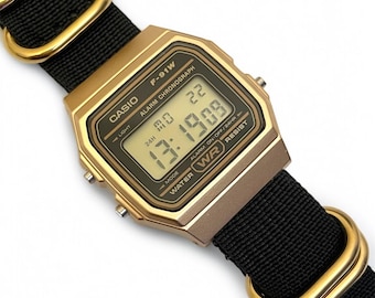Custom Casio F-91 Gold Digital Watch – Black Nylon Strap with Gold Buckle