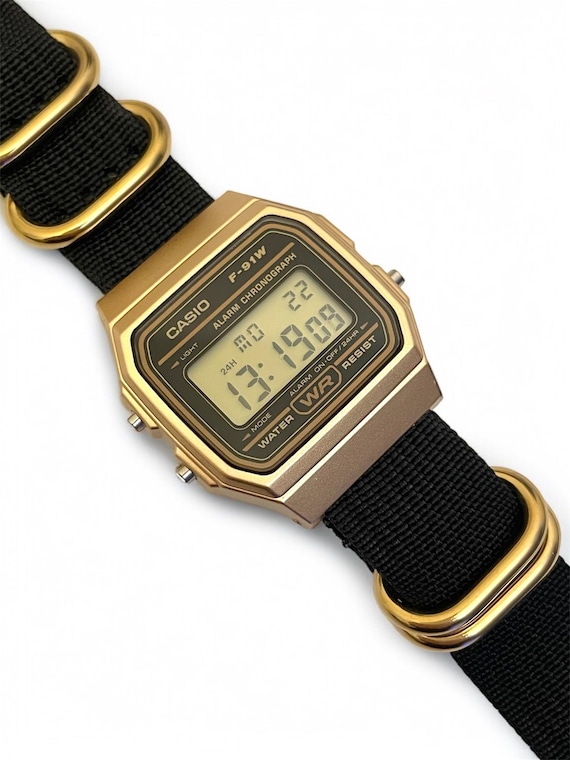 Custom Casio F-91 Gold Digital Watch – Black Nylon Strap with Gold Buckle