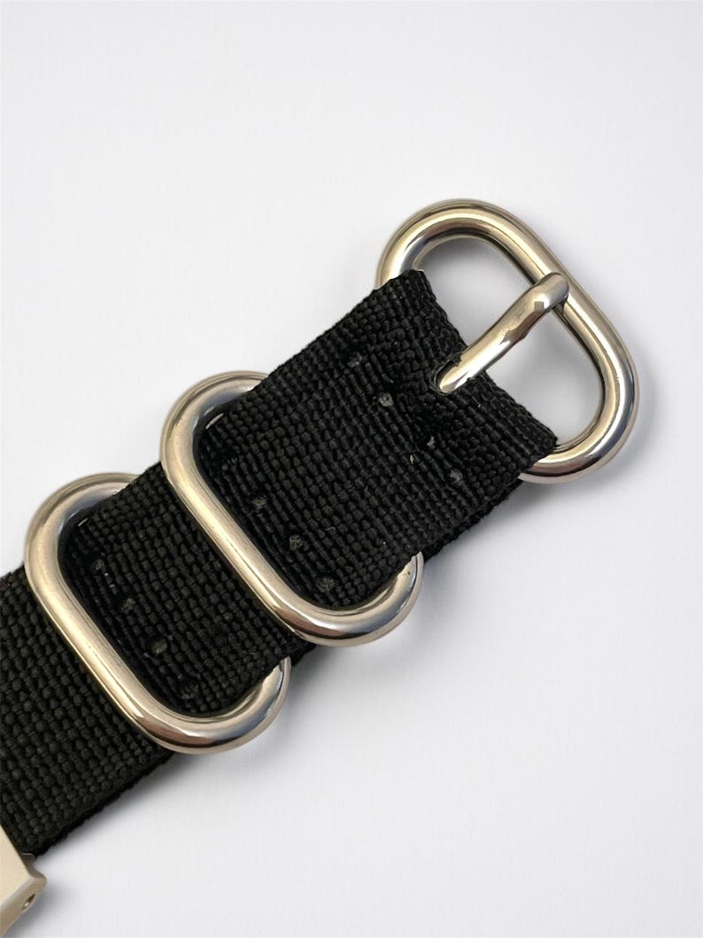 May include: Close-up of a black watch strap with silver-colored metal hardware. The strap is made of a woven material and features two metal loops and a buckle. The hardware is shiny and contrasts with the dark strap.