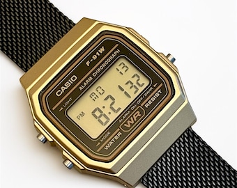 Spezialanfertigung Casio F-91 Gold Digitaluhr – Armband aus schwarzem Metall