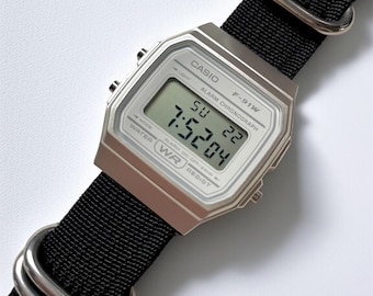 Custom Casio F-91 White Digital Watch – Black Nylon Strap