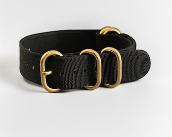 Black NATO Nylon Watch Strap – One-Piece Design, 18mm, 22mm  Gold Buckle