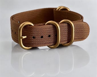 Brown NATO Nylon Watch Strap – One-Piece Design, 18mm, 22mm, Gold Buckle