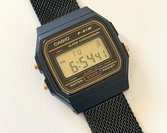 Casio F-91-W-1 腕時計、カスタム ナイロン製超軽量バンド、防水
