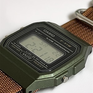 Custom Casio F-91 Green Digital Watch – Brown Nylon Strap image 8