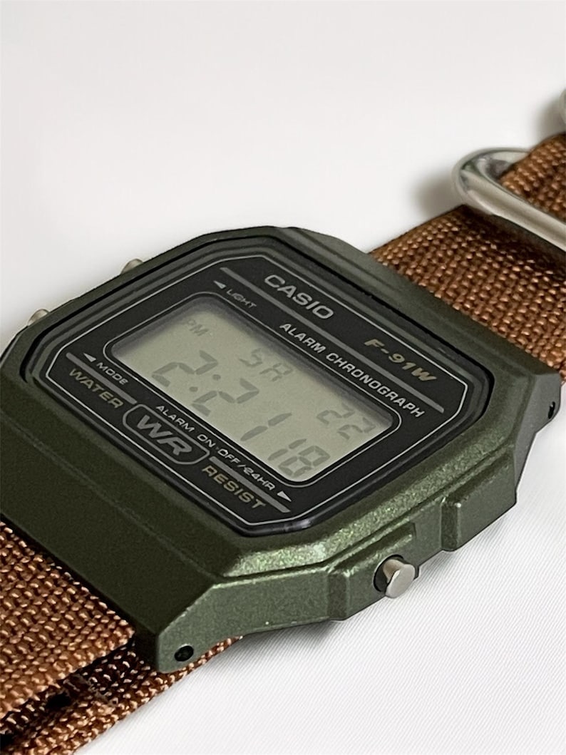 Custom Casio F-91 Green Digital Watch – Brown Nylon Strap image 8
