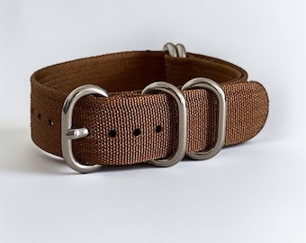 Brown NATO Nylon Watch Strap – One-Piece Design, 18mm, Silver Buckle