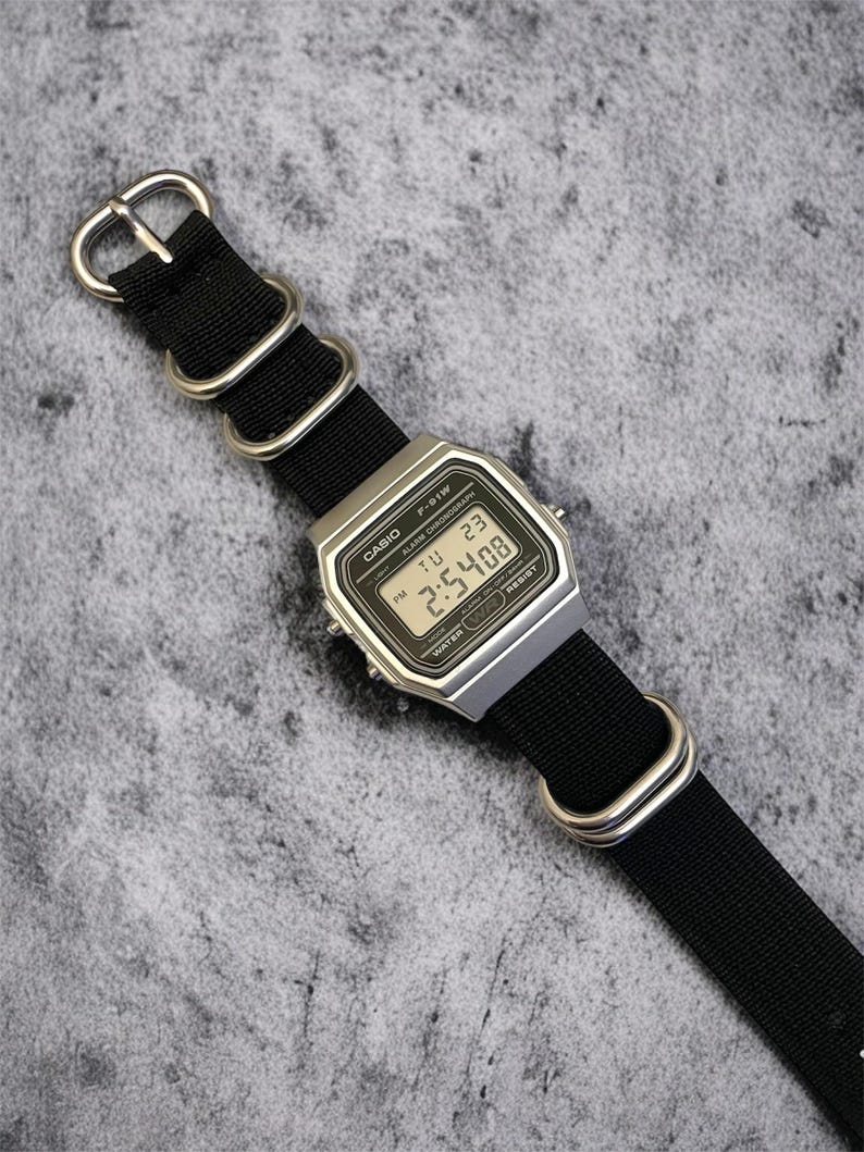 Casio F91W Silver Digital Watch, Black Nylon Strap, Custom Retro Watch image 8