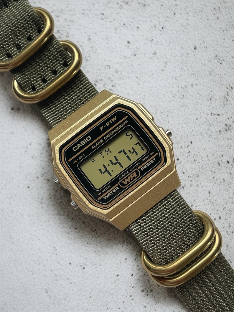 Custom Casio F91W Watch, Green Nylon Strap, Everyday Digital Watch image 13