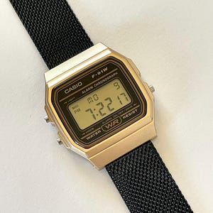 Casio F-91W Gold Digital Quartz Watch Customized with Black Metal Band