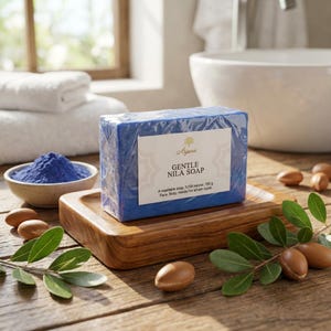 Puede incluir: Una pastilla de jabón azul Gentle Nila, envuelta en plástico transparente, se encuentra sobre una jabonera de madera. El jabón tiene una etiqueta blanca con el texto "Gentle Nila Soap". La imagen incluye un cuenco de polvo azul y nueces de argán.