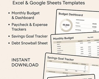 May include: A digital template pack for Excel and Google Sheets. The image displays various financial planning templates, including a monthly budget, expense trackers, and a savings goal tracker. The text includes "Instant Download."