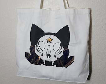 Cat Skull and Crystals Holographic Canvas Tote Bag