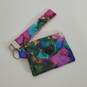 Pink Green and Gold Oil Slick Mini Card Wallet Keychain with Wristlet