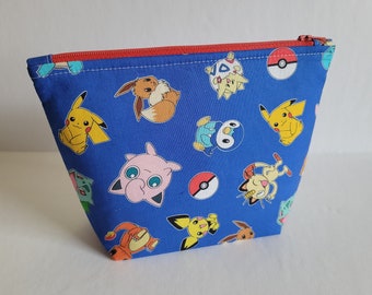 Pokemon on Blue Pikachu Eevee Meowth Piplup Jigglypuff Charmander Flat Bottom Makeup Bag Zipper Pouch Pencil Case