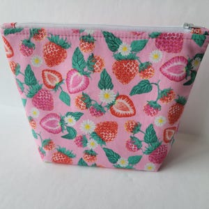Pink Strawberries Flat Bottom Makeup Bag Zipper Pouch Pencil Case