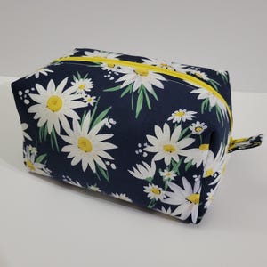 Daisies on Navy Boxy Makeup Cosmetic Bag Zipper Pouch Pencil Case Back to School Gift For Mom Sister Floral Flowers For Her