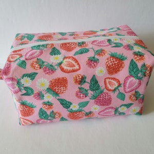 Pink Strawberries Boxy Makeup Cosmetic Bag Zipper Pouch Pencil Case