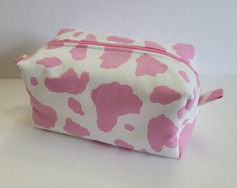 Pink Cow Print Boxy Makeup Cosmetic Bag Zipper Pouch