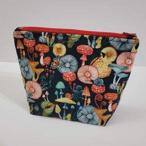 Colorful Mushrooms on Navy Flat Bottom Makeup Bag Zipper Pouch Pencil Case Back To School Gift For Sister Floral Cottagecore