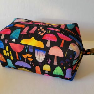 Colorful Mushrooms on Black Boxy Makeup Cosmetic Bag Zipper Pouch Pencil Case