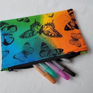 Black Butterflies on Rainbow Zipper Pouch Pencil Case Makeup Bag
