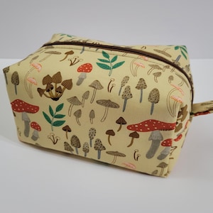 Mushrooms on Tan Boxy Makeup Cosmetic Bag Zipper Pouch Pencil Case Back to School Gift For Mom Sister Cottagecore