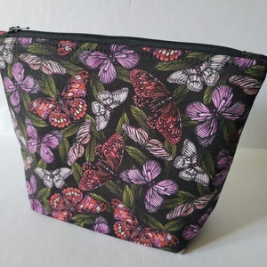 Pink Red Butterflies on Black Floral Flat Bottom Makeup Bag Zipper Pouch Pencil Case