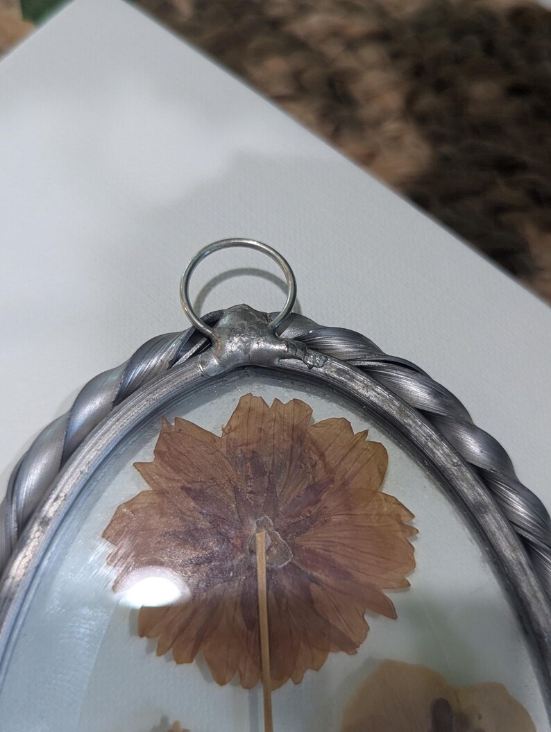May include: A pressed flower art piece in a silver-colored frame. The frame has a braided design around the edges and a small ring at the top for hanging. The flower is a dried, light brown color.