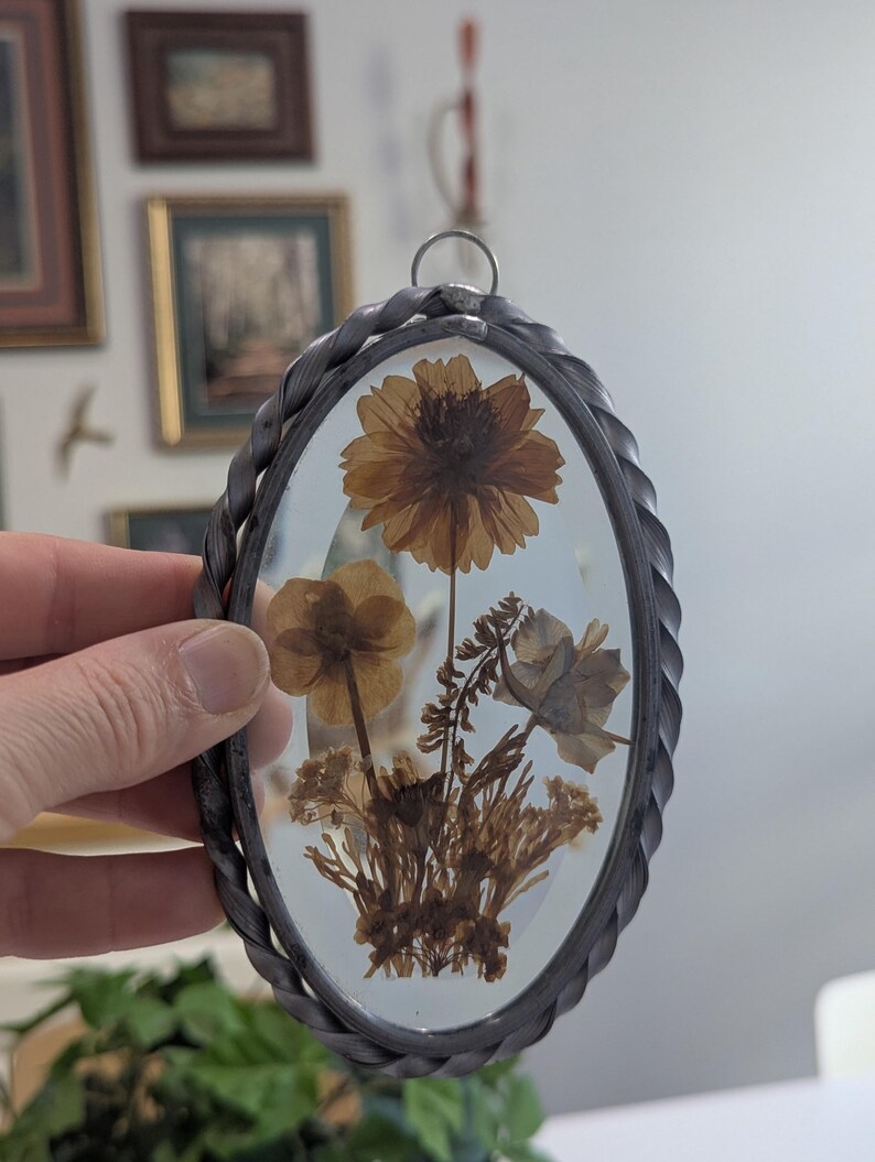 May include: An oval-shaped pressed flower art piece. The artwork features dried flowers in shades of brown and tan, encased in clear glass. The frame is a dark, braided metal with a silver loop for hanging. The background is a soft, neutral color.