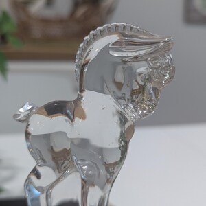 May include: A clear glass figurine of a horse. The horse is standing with its head up and its mane and tail are detailed. The figurine is transparent and reflects light, creating a sparkling effect. The horse is a decorative item.