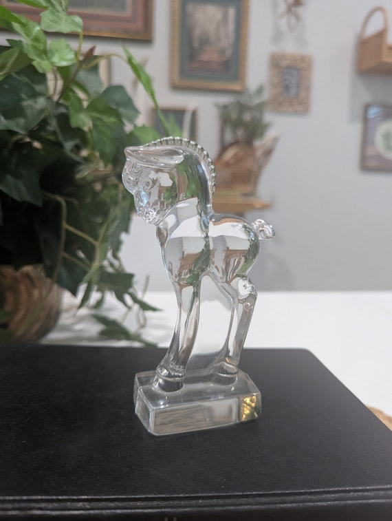 Vintage Clear Glass Trojan Horse Figurine, Standing Pony Colt Paperweight, Mid-Century Equestrian Decor